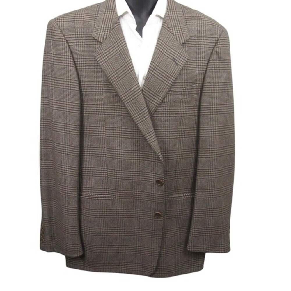 Walter Morton Mens Sport Coat Size 44L Brown Glen Plaid Wool Cashmere